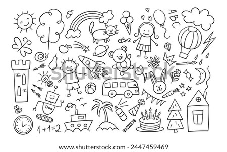 Children drawings set. Kid doodle elements. Boy, girl and robot. Sun in clouds, summer flowers, painted house and castle, cute cat and teddy bear. Line ship. Vector illustration on white background.