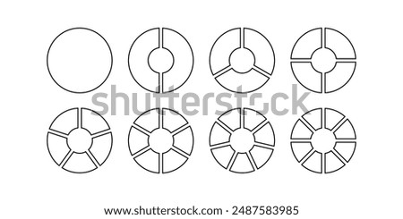 Circle division infographic icon set. Pie chart divided 6,7,8 equal parts. Ring or donut round diagram. Infographic wheel segment and fraction. Vector illustration isolated on white background.