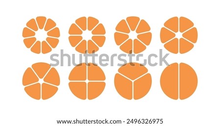 Circle division infographic icon set. Pie chart divided 7, 8,9 equal parts. Pizza or flower round diagram. Infographic wheel segment and fraction. Vector illustration isolated on white background.