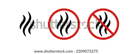 Anti bad smell icon. Odor control label. Forbidden flavors symbol. Strong flavors are not allowed. Deodorant sign. No perfume icon. Forbidden smoke. Vector illustration isolated on white background.