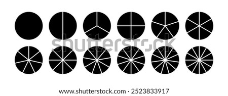 Circle division infographic icon set. Pie chart divided 8,9,10 equal parts. Pizza or donut round diagram. Infographic wheel segment and fraction. Vector illustration isolated on white background.