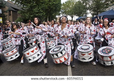 NOTTING HILL, LONDON - AUG 31:  Drummers from Batala Banda de Percussao perform on the streets of London at the Notting Hill Carnival street parade on August 30, 2010 in Notting Hill, London, England