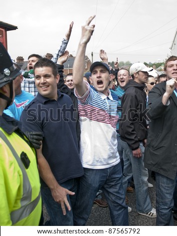 EXETER - APRIL 30:  Devon and Cornwall Police to prevent football violence between Exeter City FC and Plymouth Argyle FC at Exeter\'s St James Park Football ground on April 30, 2011 in Exeter