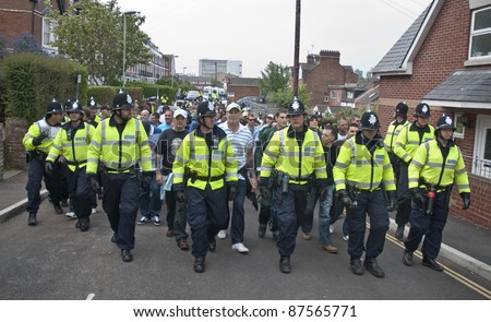 EXETER - APRIL 30:  Devon and Cornwall Police to prevent football violence between Exeter City FC and Plymouth Argyle FC at Exeter's St James Park Football ground on April 30, 2011 in Exeter