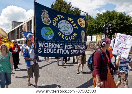 EXETER - JUNE 30: National Union of Teachers Union South West Regional banner at the strikers march during the June 30 national strike and rally in Exeter City centre on June 30, 2011 in Exeter.