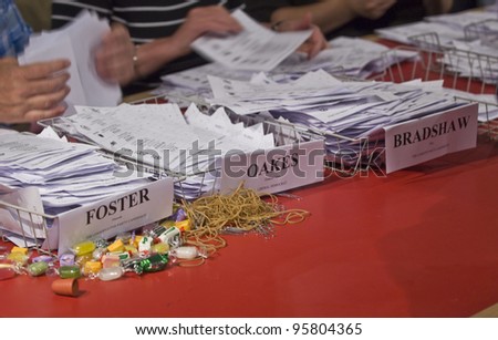 EXETER - MAY 6: Election papers being counted during the 2010 UK general election on May 6, 2010 in Exeter, UK.