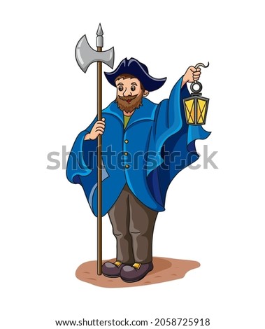 Cartoon Night watchman  with a lantern and a halberd. Vector character 