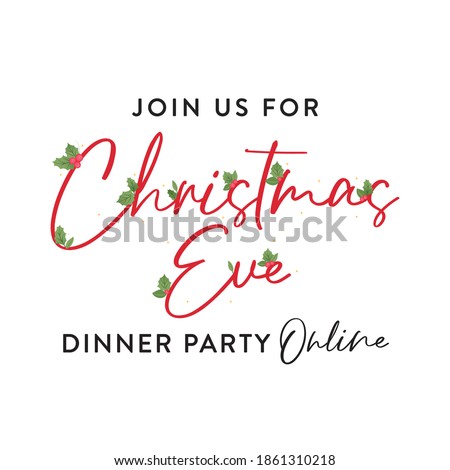 Join Us For Christmas Dinner Party Online Vector Text, Merry Christmas Eve Vector Text, Christmas Eve Background, Christmas Greeting Card, Dinner Party, Holiday Greeting Card, Illustration Background