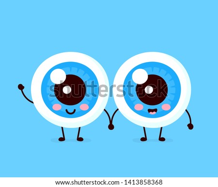 Cute healthy happy two human eyeballs couple character.Vector flat children baby cartoon mascot illustration icon poster,card design.Eye,contact lenses,good strong vision,kids sight character concept