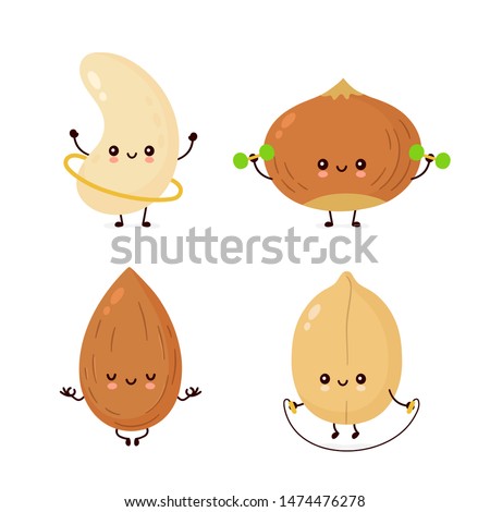 Cute happy nuts make fitness,yoga,gym set collection. Vector flat cartoon character illustration icon design. Isolated on white background. Peanut, hazelnut, cashew, almond characters ストックフォト © 
