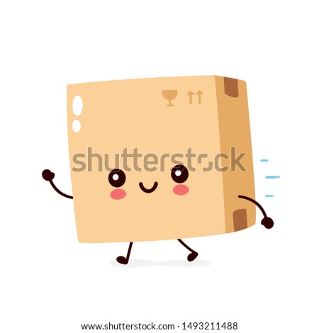 Cute smiling happy parcel,delivery box run fast. Vector flat cartoon character illustration.Isolated on white background.Delivery box character concept