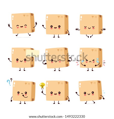 Cute smiling funny happy strong,sad parcel,delivery box mascot set collection.Vector cartoon character illustration.Isolated on white background.Delivery box face,parcel character bundle logo concept