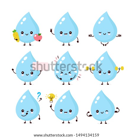 Cute smiling happy aqua water drop set collection.Vector flat cartoon face character mascot illustration.Isolated on white background.Water cute aqua drop character mascot logo idea bundle concept
