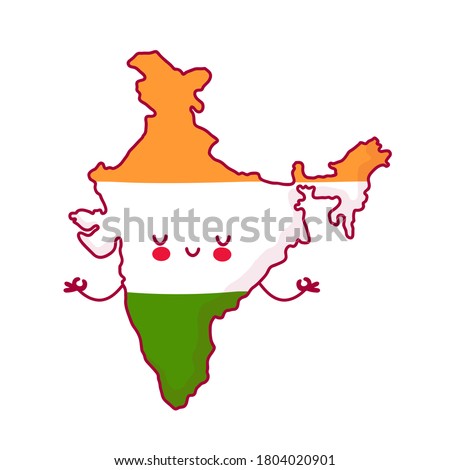 Cute happy funny India map and flag character meditate. Vector flat line cartoon kawaii character illustration icon. Isolated on white background. India concept