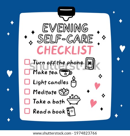 Cute funny evening self-care to do list, checklist. Vector hand drawn cartoon kawaii character illustration icon. Evening Self-care checklist  sticker, card, poster concept