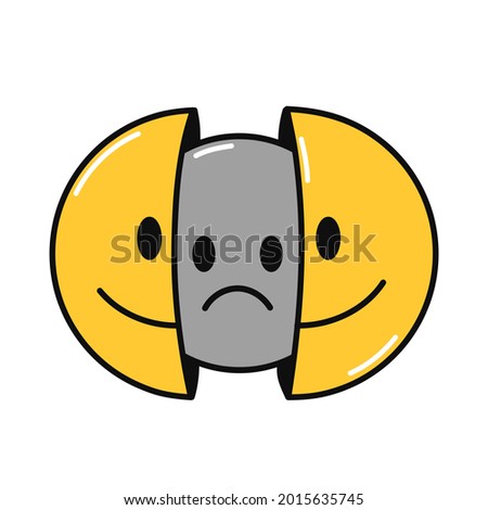 Two half of smile,smiley face with sad face inside.Vector cartoon character illustration.Isolated on white background. Smile smiley and sad face,depression,trippy,acid print for t-shirt,poster concept