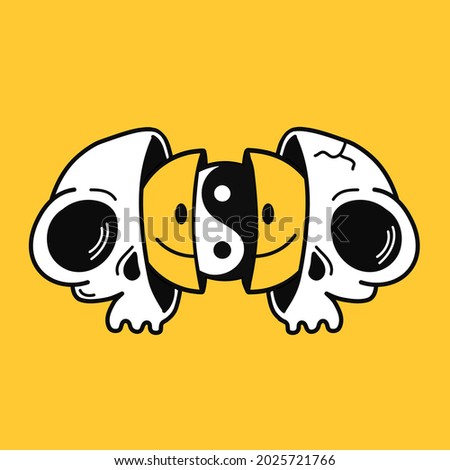 Two half of skull with smile face and Yin Yang inside. Vector hand drawn doodle 90s style cartoon character illustration. Trippy smile face,Yin Yang,skull print for t-shirt,poster,card concept