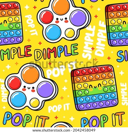 Cute funny Pop it,simple dimple sensory toy game seamless pattern.Vector hand drawn cartoon kawaii character illustration logo.Pop it,popit,antistress simple dimple toy seamless pattern doodle concept