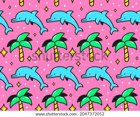 90s pink retro vintage palm and  jump dolphin seamless pattern. Vector cartoon doodle character illustration wallpaper design. 90s,80s,dolphin,palm print for poster,t-shirt seamless pattern concept