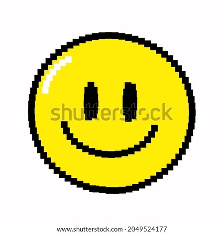 Funny smile face smiley pixel art logo icon. Vector cartoon graphic illustration design. Isolated on white background.Trippy smile face pixel art,8 bit,16 bit style print for poster, t-shirt concept