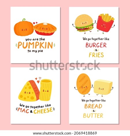Cute kawaii romantic love card set collection.Isolated on white background.Vector hand drawn cartoon cute kawaii character illustration design,simple flat style.We go together like quote text concept