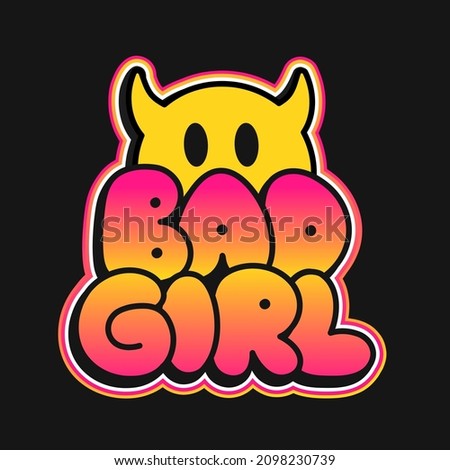 Emoji with devil horns concept. Bad girl quote. Vector hand drawn doodle line cartoon illustration. Bad girl,demon,devil horn print for t-shirt, poster,sticker,cover,badge concept