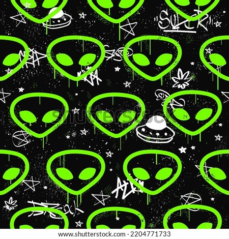 Alien neon head seamless pattern.Vector hand drawn doodle line cartoon  illustration icon.Alien,graffiti,ufo,neon background seamless pattern concept