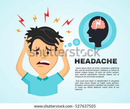 Vector flat man with a headache, compassion fatigue,pain disease head,office worker hold head in hands,feels anguish.Migraine brain,worry face icon,headache,health problems,pain stress infographic