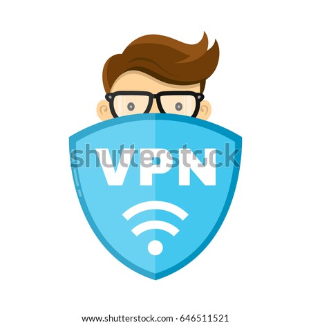 VPN protect safety concept. Man and save internet security wifi sign emblem shield. Vector flat modern style illustration character icon design. Isolated on white background