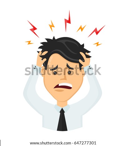 Vector flat man businessman with headache,compassion fatigue,disease head,confused office worker holding head.Migraine,health problem,pain face,stress work,tired,suffer,emotion,headach,frustrated icon