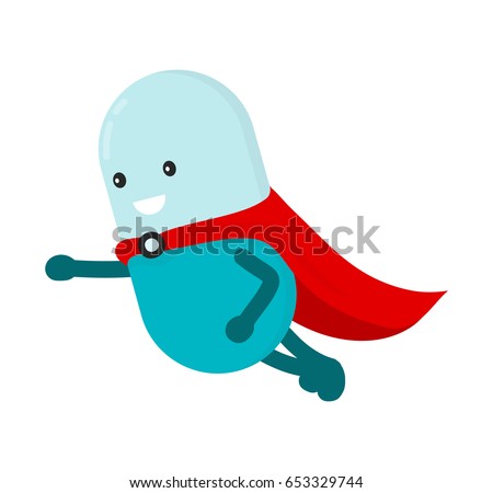 Pill character super-hero flying. Isolated on white background. Vector flat cartoon modern style illustration icon drawing, Isolated on white background