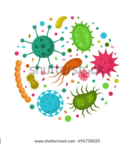 Bacterial microorganism in a circle.Bacteria and germs colorful set,micro-organisms disease-causing,bactery cell cancer germ,bacteria,viruses,fungi, protozoa,probiotic.Vector flat cartoon illustration