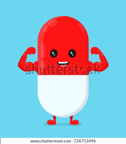Isolated on blue background. Cute happy strong smiling pill capsule show muscle biceps. Vector modern flat style cartoon character illustration. Isolated on white background.  