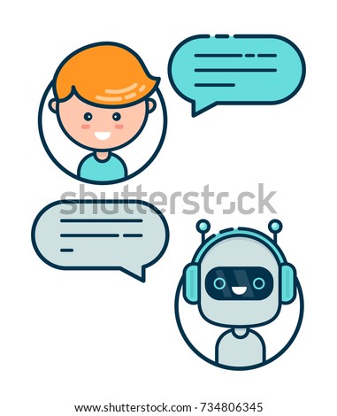 Cute smiling chat bot is written off with a person man. Vector flat modern style cartoon character illustration icon design. Isolated on white background. Chat bot robot concept, Dialog help service