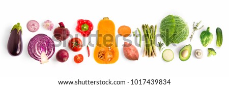 Creative layout made of green peas, cabbage, sweet potato, avocado, tomato, onion, beetroot, pepper, aubergine, artichoke, broccoli and cucumber on the white background.. Flat lay. Food concept.  商業照片 © 