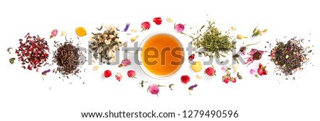 Similar – Image, Stock Photo Herbal tea in glass cup with honey and  fresh medicinal plants. Dark concrete background with dark cloth. Top view. Natural health drinks concept