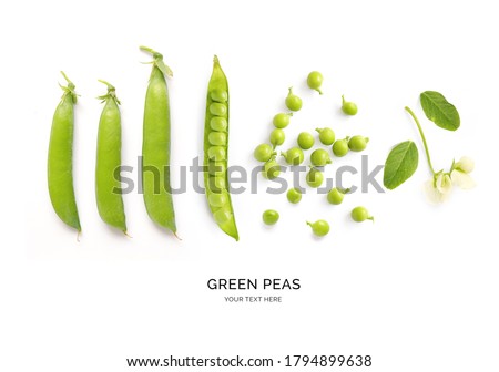 Creative layout made of green peas the white background. Flat lay. Macro concept. Foto stock © 