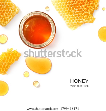 Creative layout made of honey on the white background. Flat lay. Food concept.	