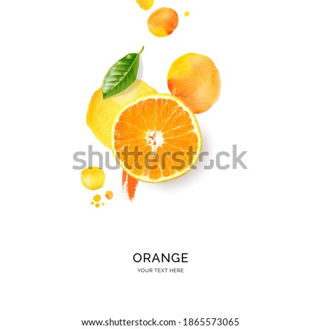 Creative layout made of orange with watercolor spots on the white background. Flat lay. Food concept.