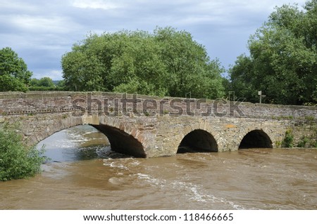 Pershore old bridge over the River Avon in flood, Worcestershire. July 2012