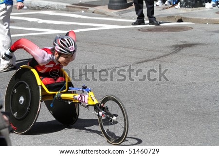BOSTON - APRIL 19:  Wakako Tsuchida (JPN)  participates in the Wheelchair Boston Marathon on April 19, 2010 in Boston, MA.  Including this race, she is a four-time champion.