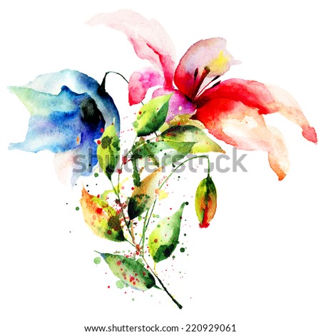 Decorative summer flowers, watercolor illustration 