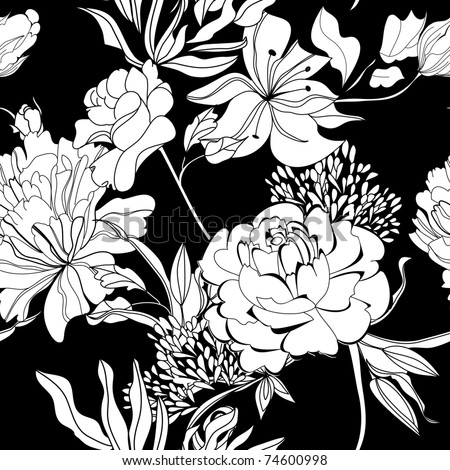 Decorative seamless wallpaper with white flowers on black background