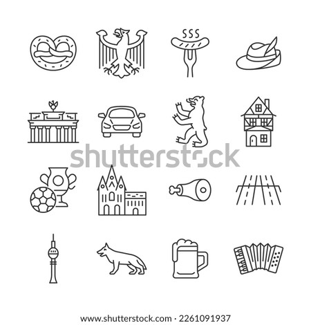 Germany line icon set. Vector collection symbol with coat of arms, sausage, car, fachwerk house, soccer ball, mug of beer, accordion. Editable stroke.