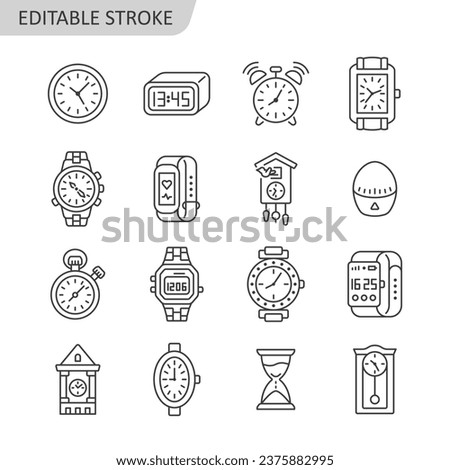 Clock line icon set. Time measuring symbol vector collection with clock, wrist watch, hourglass, Cuckoo-clock, smart watch, stopwatch, kitchen timer. Editable stroke.
