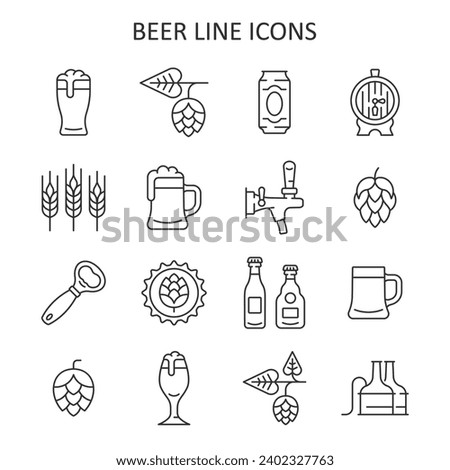 Beer line icon set. Vector collection symbol with mug of beer, hop cone, barley ear,  barrel, opener, bottle. 