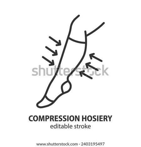 Leg with compression stocking line icon. Medical underwear vector illustration. Editable stroke.