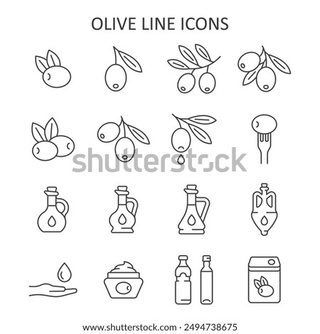 Olive oil line icon set. Vector collection with olive branch, glass bottle, fork, cream. 