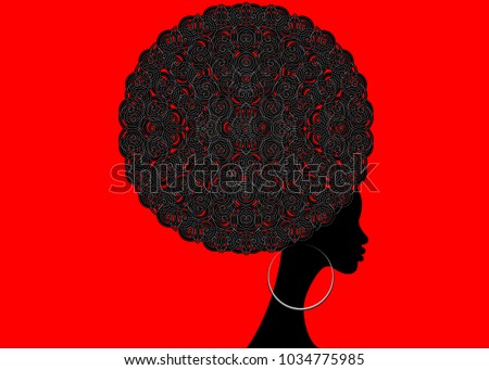 portrait African Women , dark skin female face with hair afro and ethnic traditional earrings on vector isolated , Curly Afro hair style concept in the Red Background 