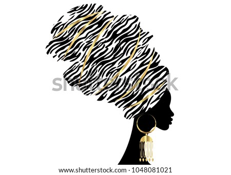 Vector Portrait beautiful African woman in traditional turban, Kente head wrap, dashiki printing, black afro women vector silhouette Africa batik, ethnic zebra decoration cloth, hairstyle concept logo